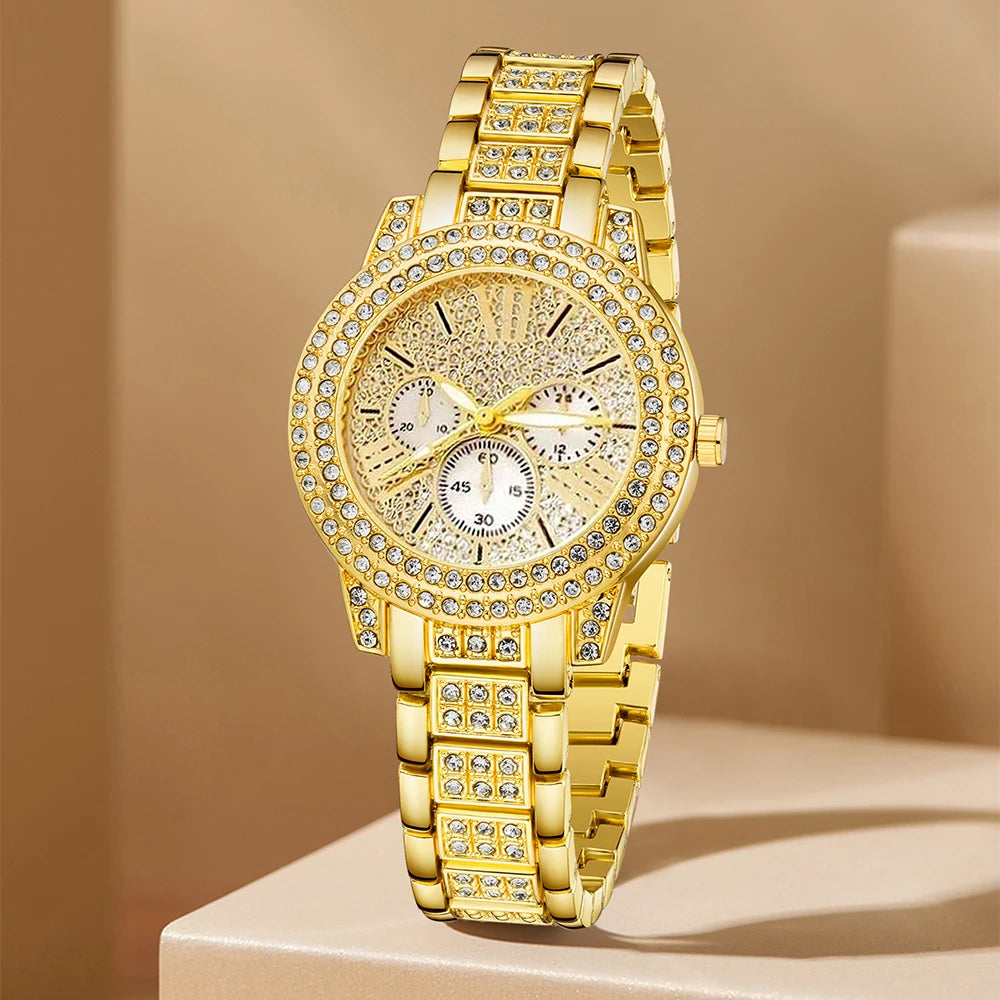 Damen Quarzuhr Gold Luxus Damen Ring Halskette Ohrring Strass Mode Armbanduhr Casual Damen Uhren Schmuckset