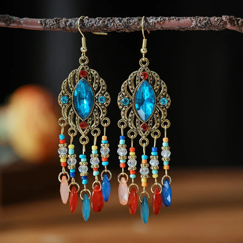 Vintage böhmischen langen Tropfen baumeln Ohrringe für Frauen geometrische Perlen handgemachte Quaste Kristall ethnischen Boho Hochzeit Ohrringe Schmuck