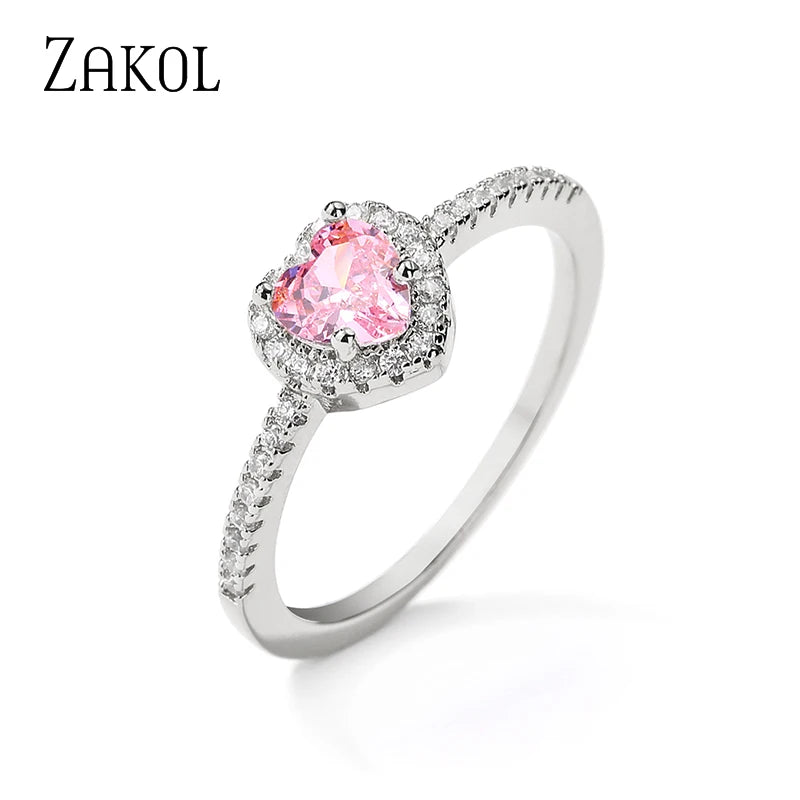 ZAKOL Exquisiter klarer rosa Zirkon-Herz-Verlobungsring für Frauen, Charm, glänzend, AAA-CZ-Ehering, Schmuck, Geschenk