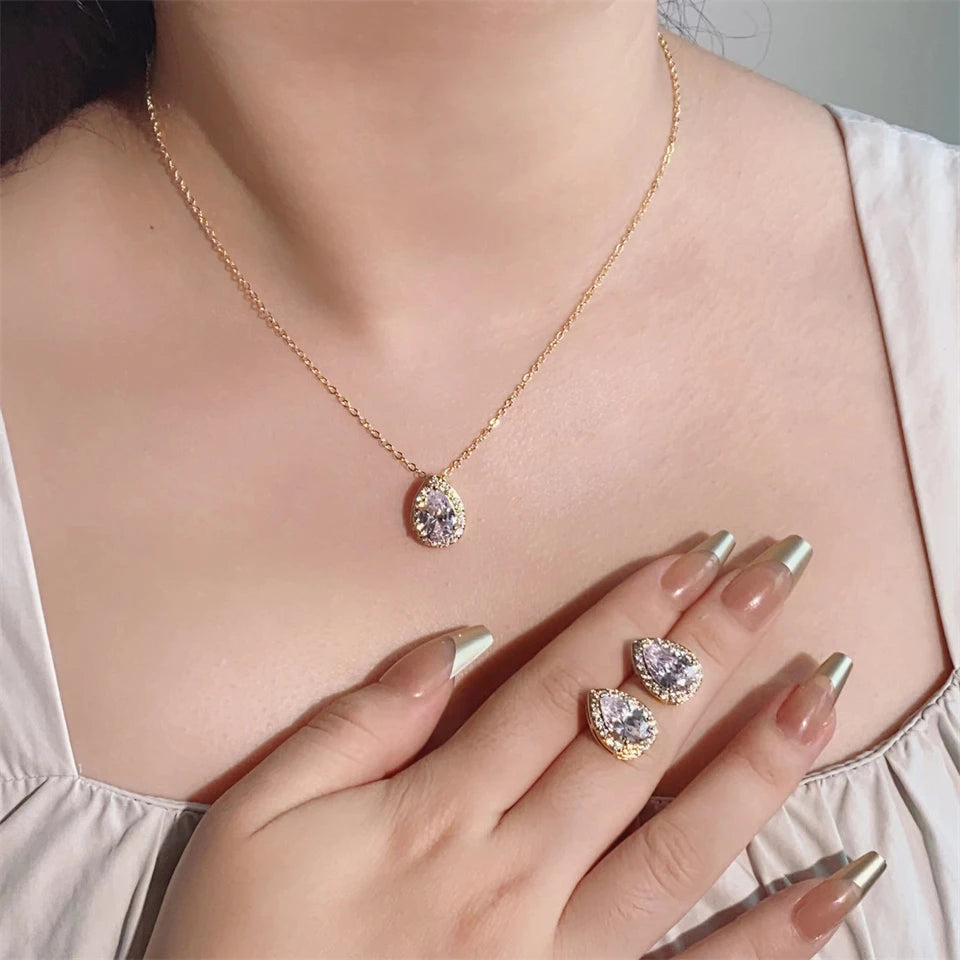 ZAKOL Klassisches Wassertropfen-Zirkonia-Hochzeitsschmuck-Set für Frauen, glänzender AAA-Kubikzirkon, Ohrringe, Halskette, Schmucksets, Geschenk