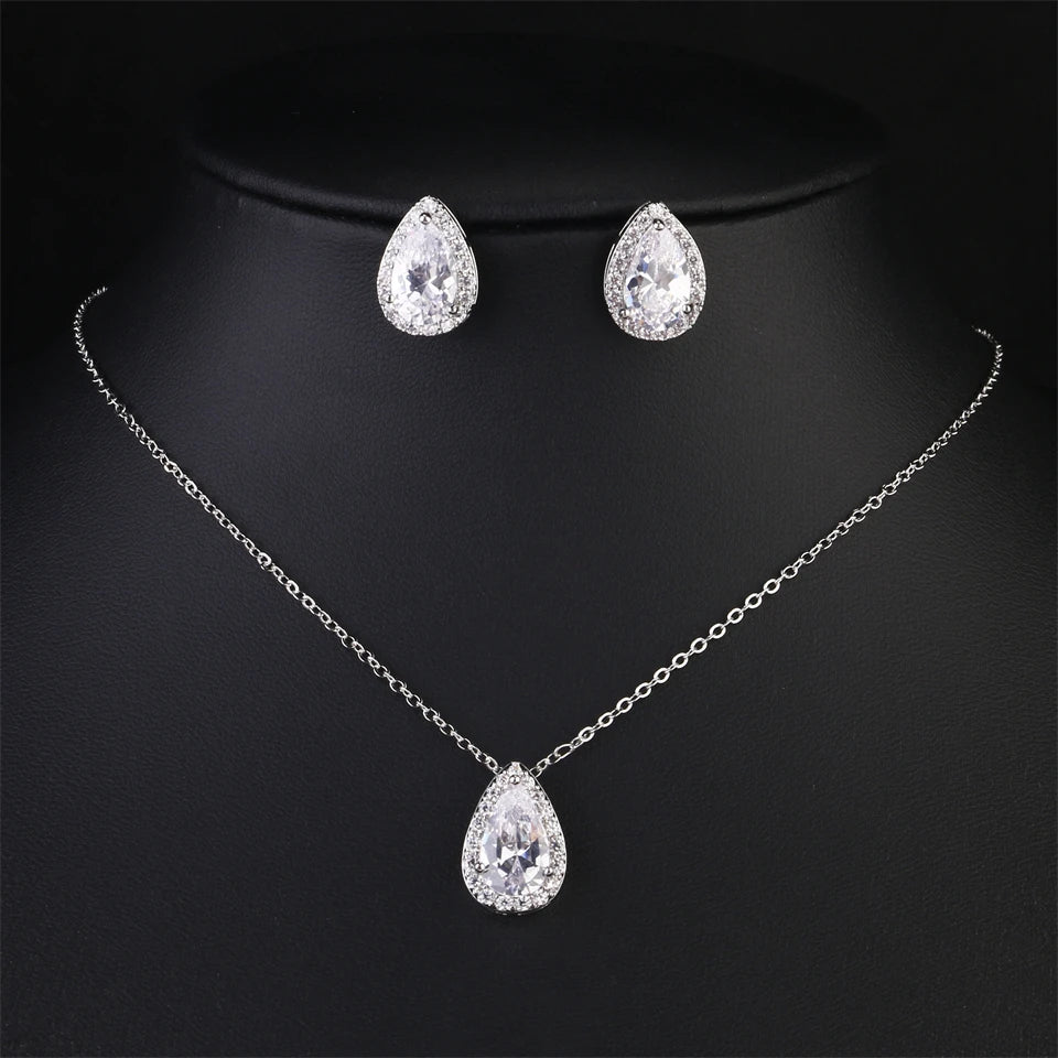ZAKOL Klassisches Wassertropfen-Zirkonia-Hochzeitsschmuck-Set für Frauen, glänzender AAA-Kubikzirkon, Ohrringe, Halskette, Schmucksets, Geschenk
