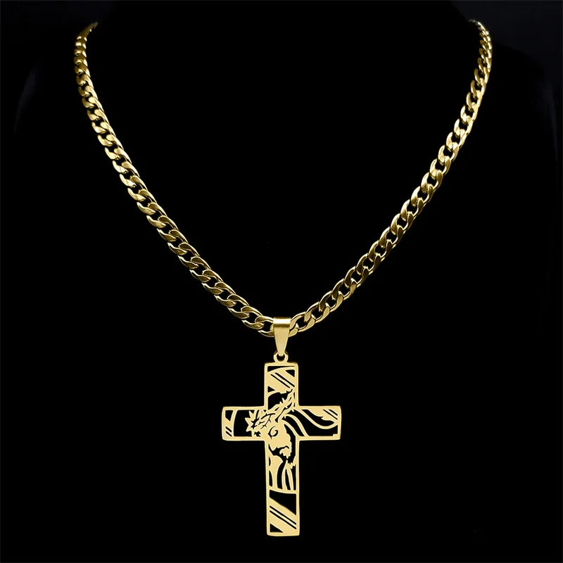 Hip Hop Punk Krone der Dornen Jesus Kreuz Halskette für Männer Edelstahl Vergoldet Kruzifix Anhänger Halsketten Schmuck N8052