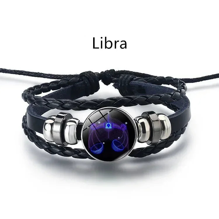12-Sternbild-Sternzeichen, schwarzes geflochtenes Lederarmband, Krebs, Löwe, Jungfrau, Waage, gewebte Glaskuppel, Schmuck, Punk-Männerarmband