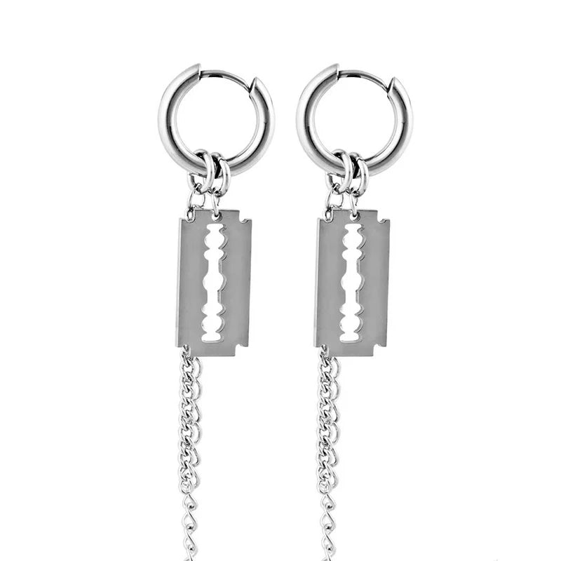 1 paar/2Pcs Klinge Kette Quaste Anhänger Ohr Clip/Schnalle Ohrringe Für Frauen Männer Edelstahl Schmerzlos hip Hop Gothic Pop Schmuck