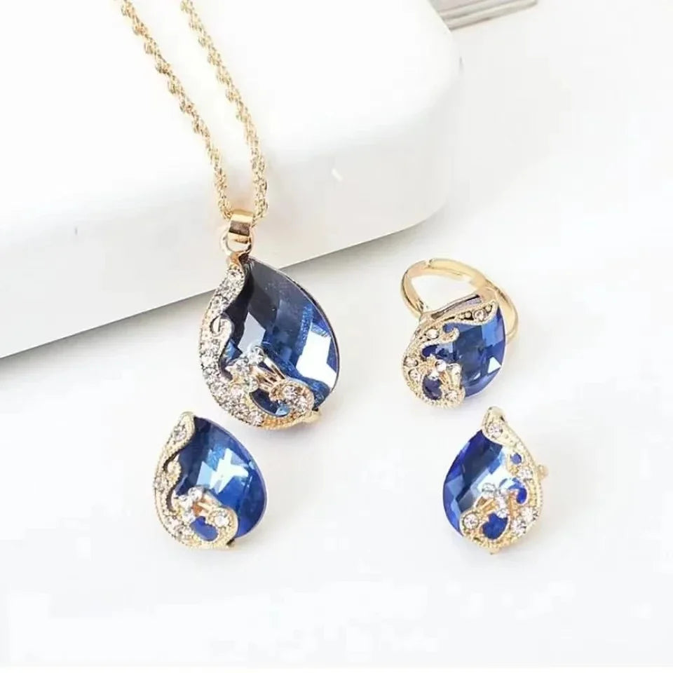 3PCS Pfau Edelstein Dame Schmuck Set Temperament Glänzenden Kristall Waterdrop Halskette Hoop Ohrring Ring Gold Farbe Abend Schmuck