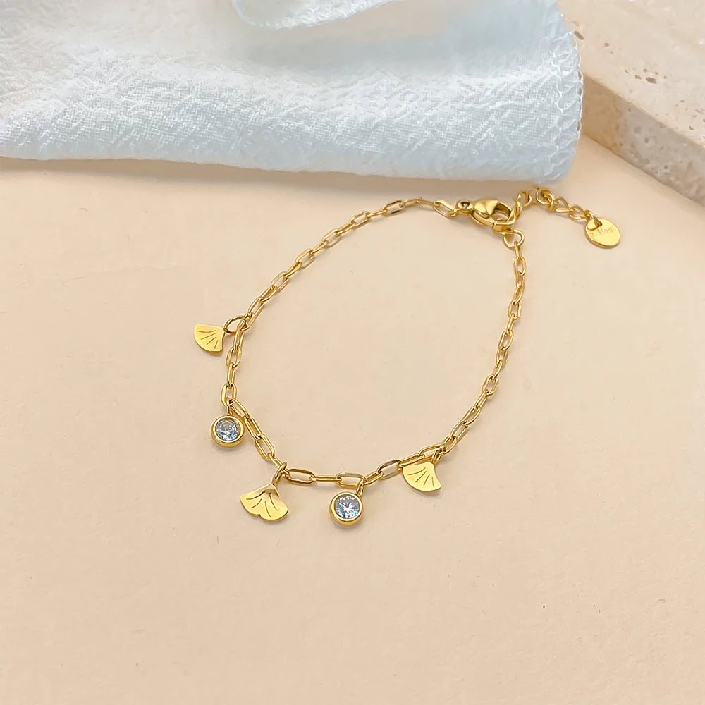 eManco Fashion Ginkgo Biloba Damen-Anhänger-Armband, 14 Karat vergoldeter Edelstahl, täglicher Schmuck, wasserdicht