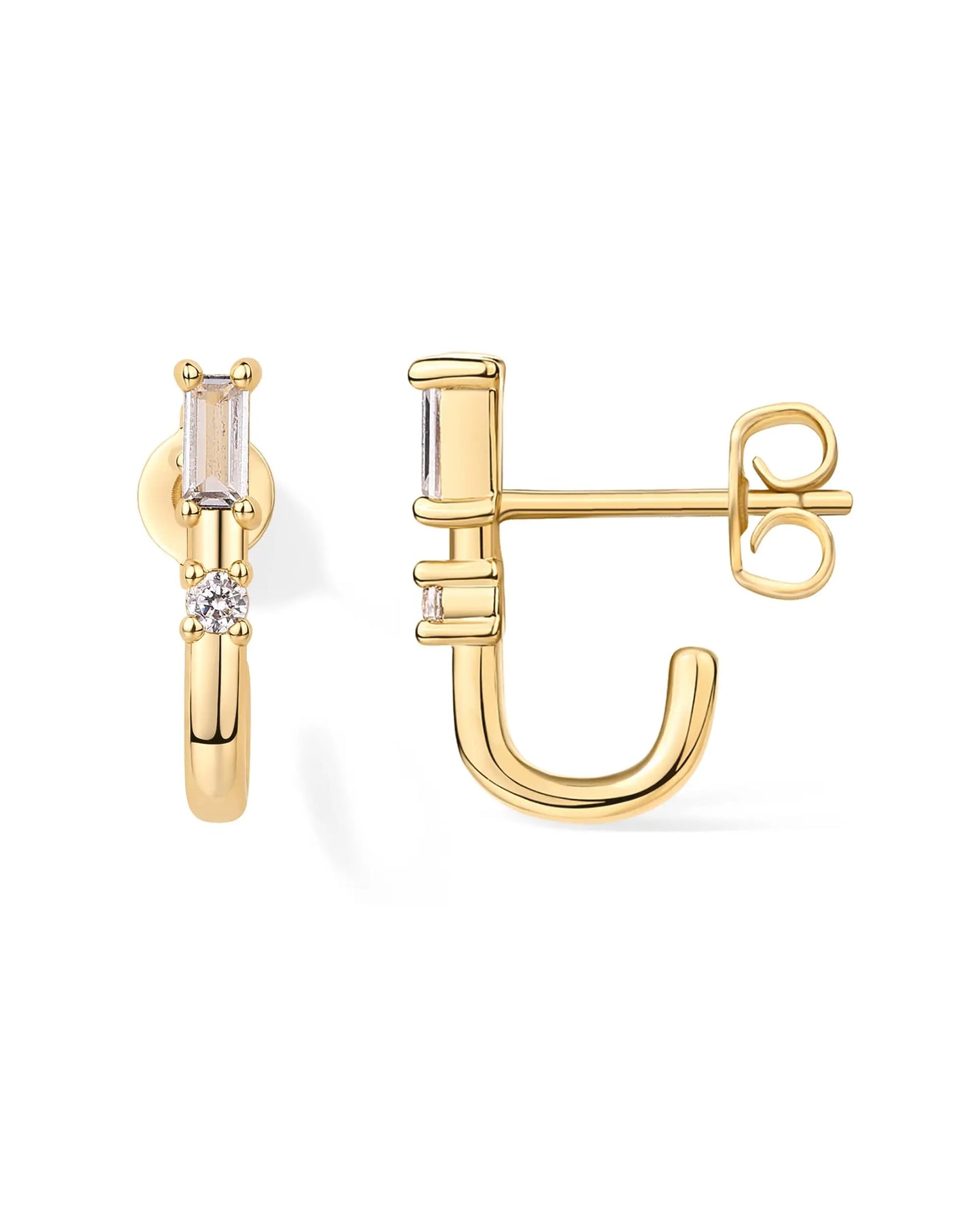 Shevalu Damen-Ohrringe mit kubischem Zirkonia, halbe Huggie-Ohrringe, neu, 18 Karat vergoldet, Creolen-Ohrring mit Sterlingsilberpfosten, Ohrstecker
