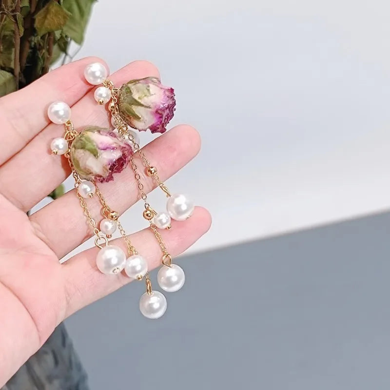 Einzigartige getrocknete Blumenohrringe, elegante natürliche Rose, Blumenperle, Quaste, lange Ohrringe, Epoxidharz, Rosenohrringe, Schmuck im Großhandel