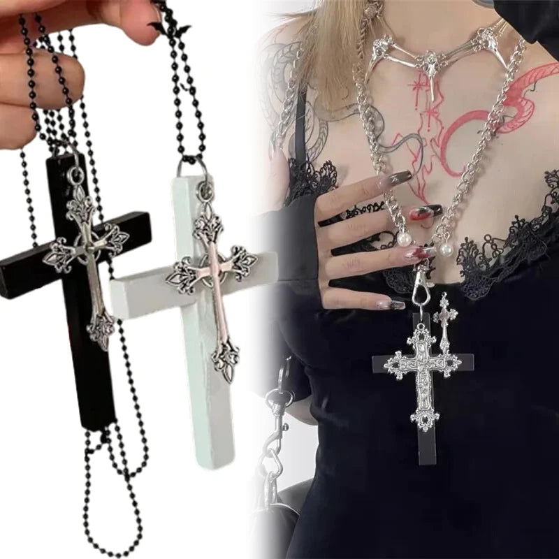 Y2K Holz Kreuz Schwarz Bohrer Anhänger Halskette für Frauen Männer Mode Vintage Coole Würzige Mädchen Hip Hop Halskette Party Schmuck Geschenke