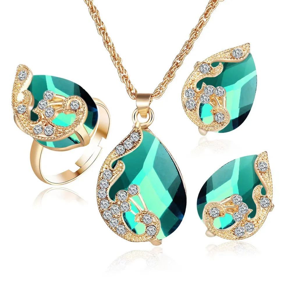 3PCS Pfau Edelstein Dame Schmuck Set Temperament Glänzenden Kristall Waterdrop Halskette Hoop Ohrring Ring Gold Farbe Abend Schmuck