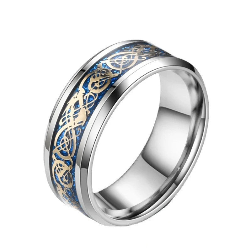 8mm Edelstahl Dominierenden Drachen Muster Ringe für Männer Frauen Punk Intarsien Blau Carbon Faser Ring bagues pour femme