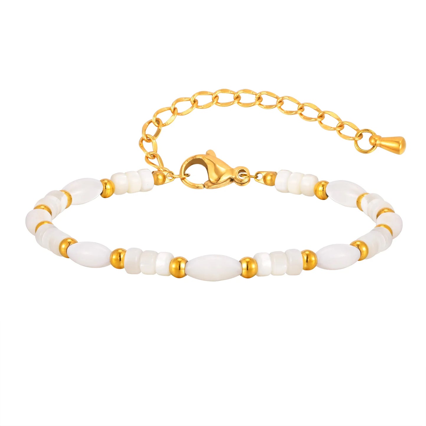 Weißes Muschelperlen-Armband für Damen, goldfarbene Edelstahlarmbänder, wasserdichtes Charm-Schmuckgeschenk