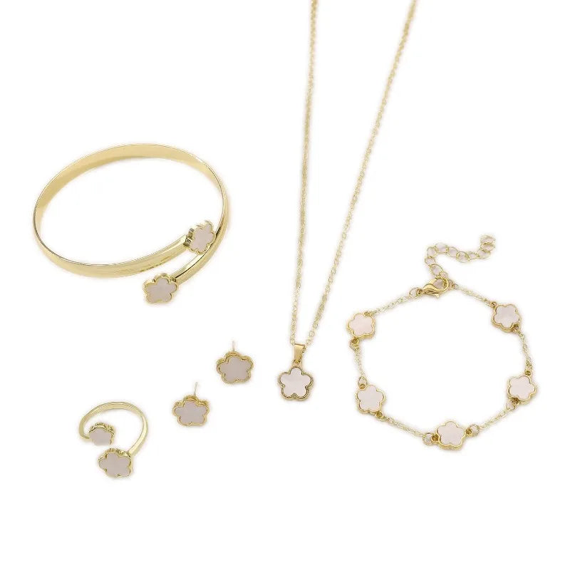 Lucky Fünfblättriges Blumenklee Ohrringe Halskette Ring Armband Fünfteiliges Set für Damen Modische Accessoires Partyschmuck