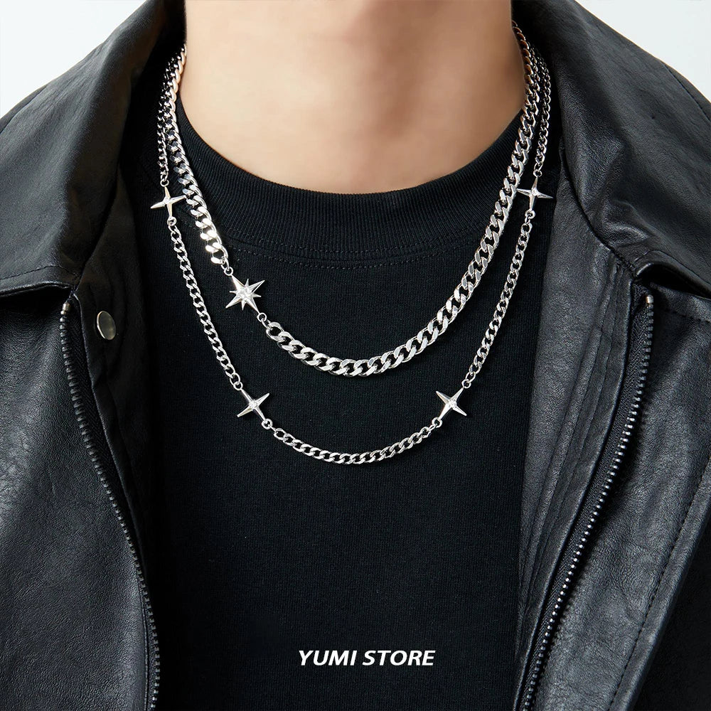 Hip Hop Doppel-schicht Stern Kreuz Halskette Für Mann Frau Titan Stahl Schlüsselbein Kette Choker Punk Männlichen Zubehör Großhandel