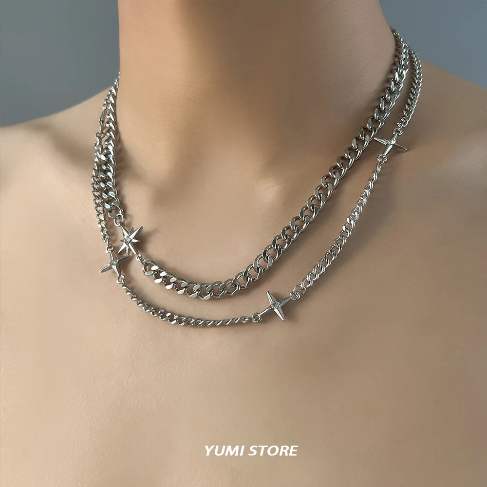 Hip Hop Doppel-schicht Stern Kreuz Halskette Für Mann Frau Titan Stahl Schlüsselbein Kette Choker Punk Männlichen Zubehör Großhandel