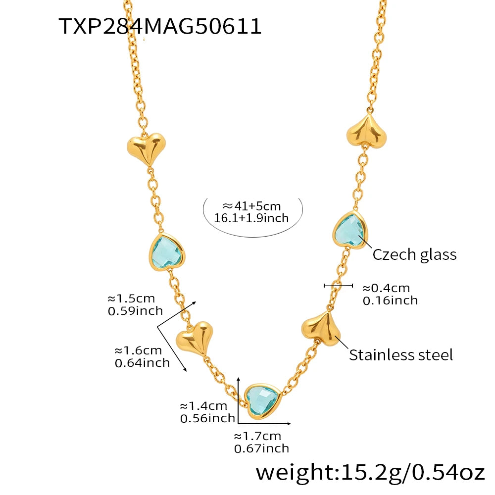 Edelstahl-Halskette, Armbänder, Ohrringe für Frauen, 6 Farben, Herz, facettierte tschechische Glas-Halsketten, Armband, baumelnde Ohrringe-Set