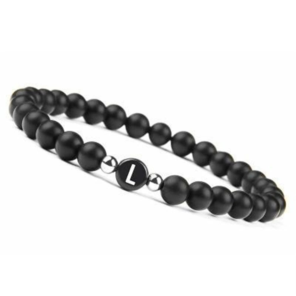 6 mm 26 Buchstaben-Armband, Unisex, schwarzer mattierter Stein, Perlen-Armreif, handgefertigt, DIY-Armband für Frauen, Männer, Paare, Freundschaftsgeschenke
