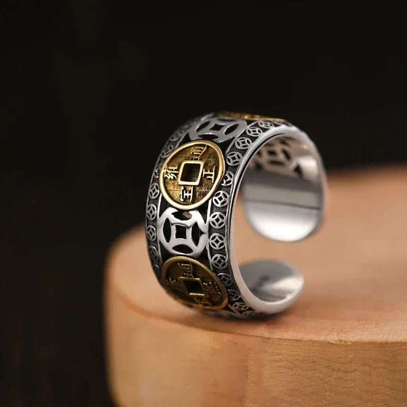 Chinesischer Feng Shui Pixiu Ring, versilbert, Kupfermünzen, verstellbare Ringe für Damen und Herren, Amulett, Reichtum, Glücksschmuck, Geburtstagsgeschenk