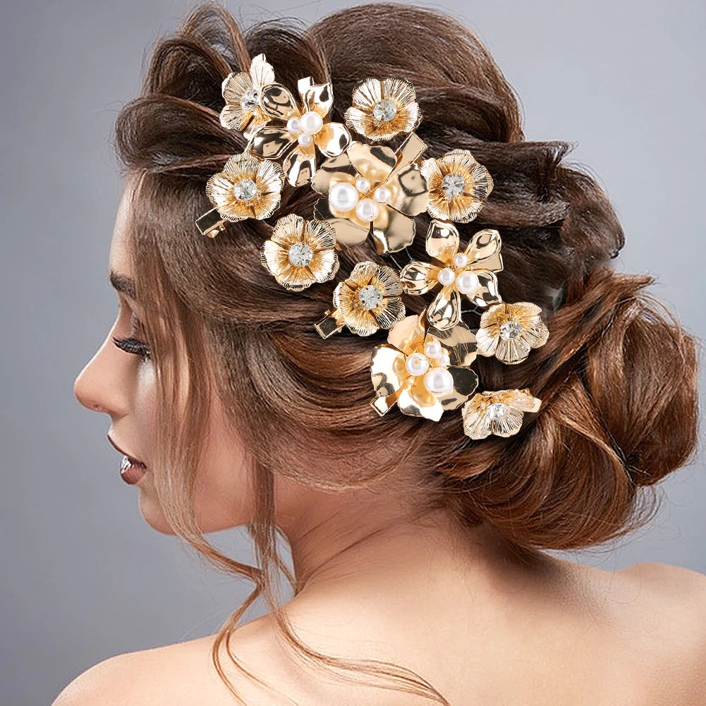 10/12/16 Stück kleine Blumen-Haarspangen, Metall, goldene Perlen-Haarspangen, florale Kopfbedeckung, florale Perlen-Haarnadeln, Haar-Accessoires