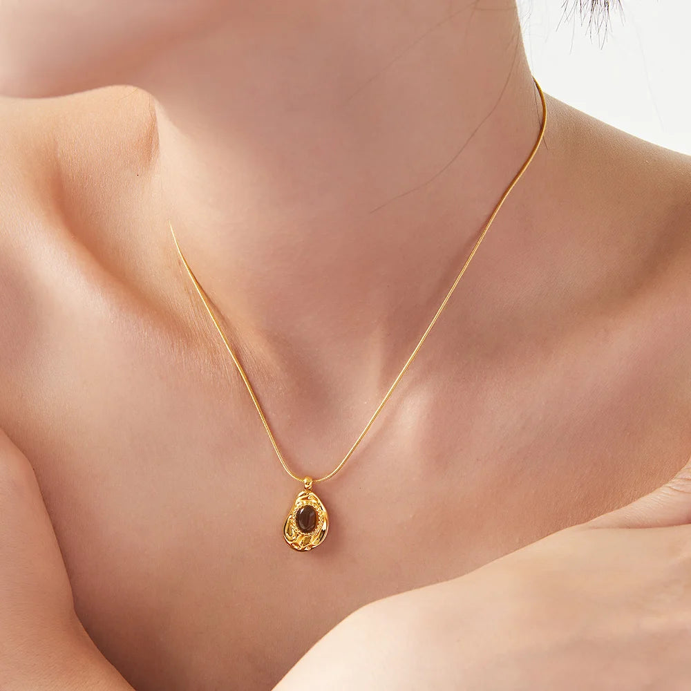 Kupfer Anhänger Edelstahl dünne Schlangen kette Halsketten für Frauen Männer braun Tigerauge Hals Halsreif Hip Hop Unisex Schmuck
