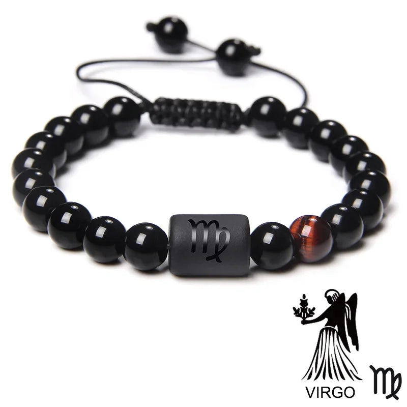 12-Sternbild-Sternzeichen-Armband, schwarze Onyx-Perlen, Krebs-Löwe, Onyx, geflochtenes Armband für Damen und Herren, Paare, Schmuck, Geschenk
