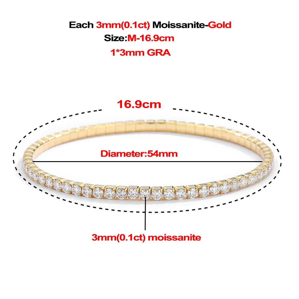 2,5/3 mm voller Moissanit-Tennisarmbänder für Damen und Herren, 925er Sterlingsilber, 18 Karat vergoldet, minimalistischer elastischer Armreif mit GRA