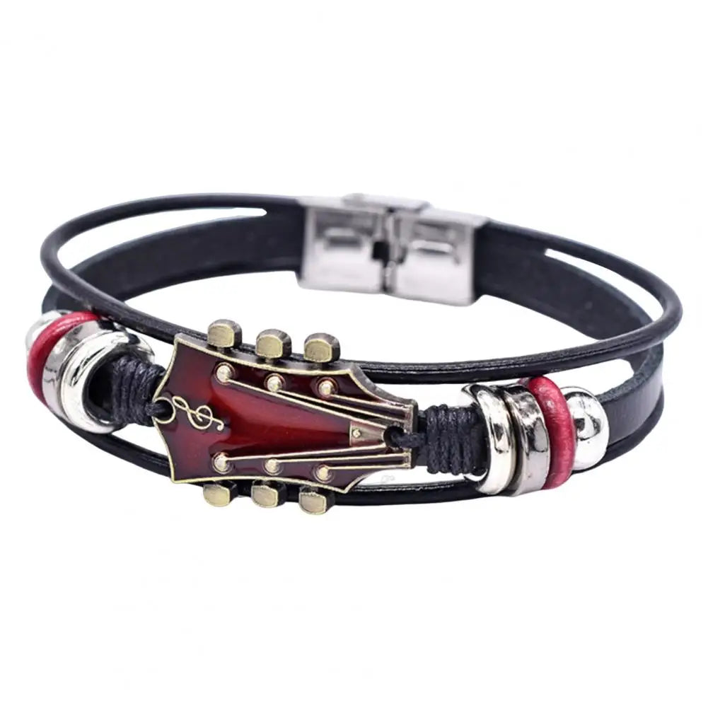 Geflochtenes Gitarrenarmband aus Zinklegierung, verstellbare Schnalle, manuell gewebtes Kunstleder, 3-lagiger Retro-Punk-Handgelenkschmuck
