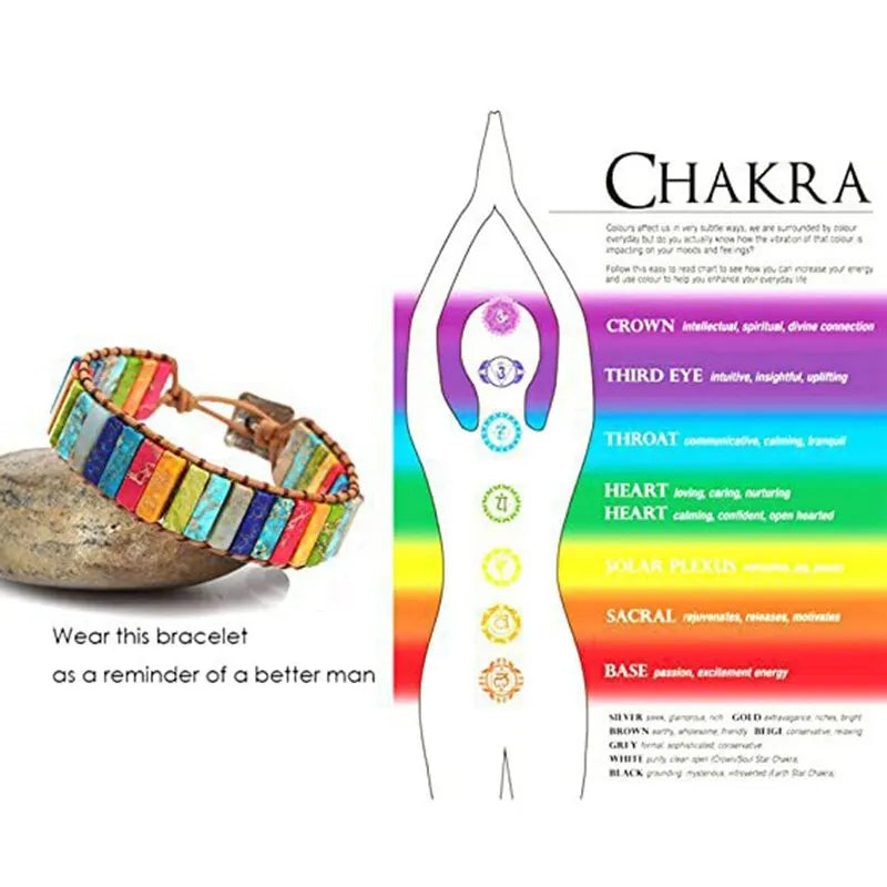 Böhmisches mehrfarbiges Kaiserstein-Armband, 7-Chakra-Heilung, rechteckige Steine, Armband, Lederseil, gewebter Armreif, Handgelenkschmuck