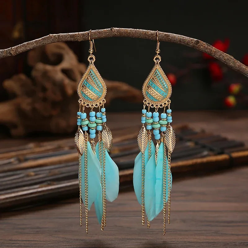 Bohemian Bunte Feder Quaste Ohrringe Für Frauen Ethnische Perlen Tropfen Aussage Hängende Ohrringe Mädchen Mode Schmuck Geschenk