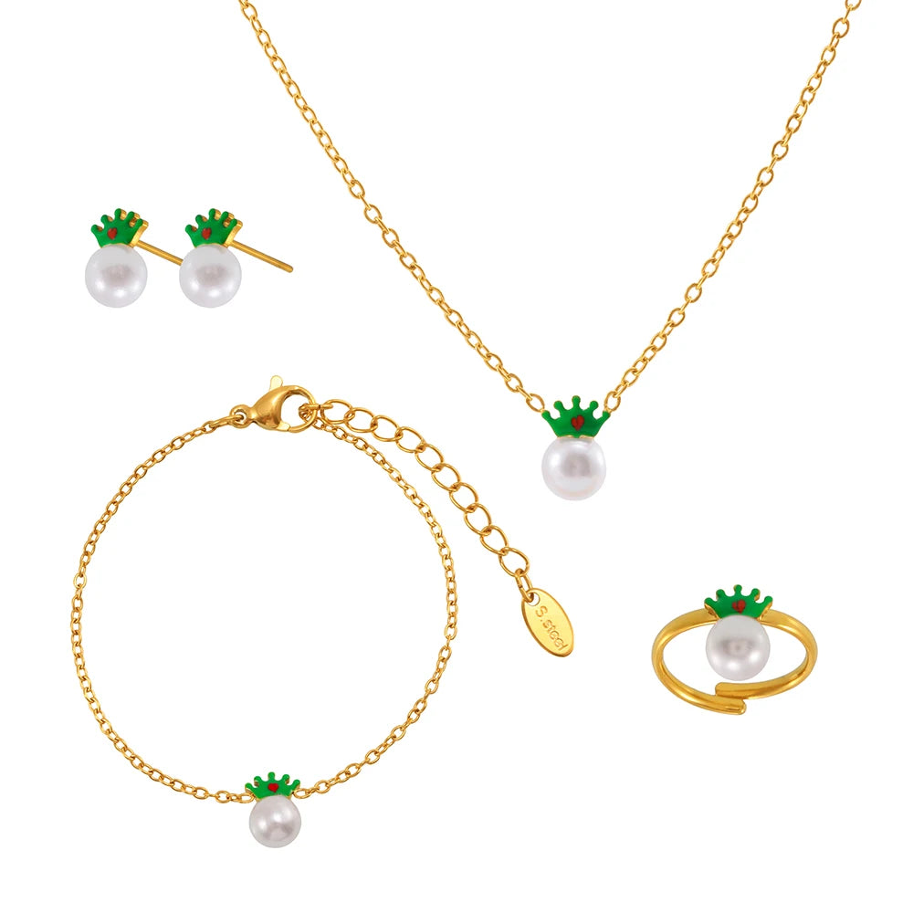 Liora Mode Emaille Bowknot Anhänger Simulierte Perle Halskette Armband Ring Ohrringe Für Mädchen Edelstahl Charme Schmuck Set