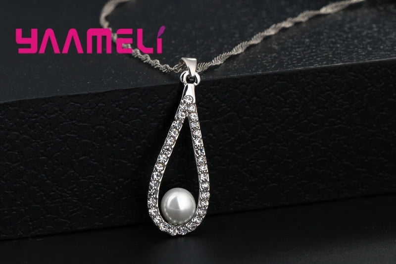 Reine 925 Sterling Silber Shiny CZ Kristall Wasser Tropfen Perle Halsketten Anhänger Kette Ohrringe Frau Feine Hochzeit Schmuck Set Geschenk