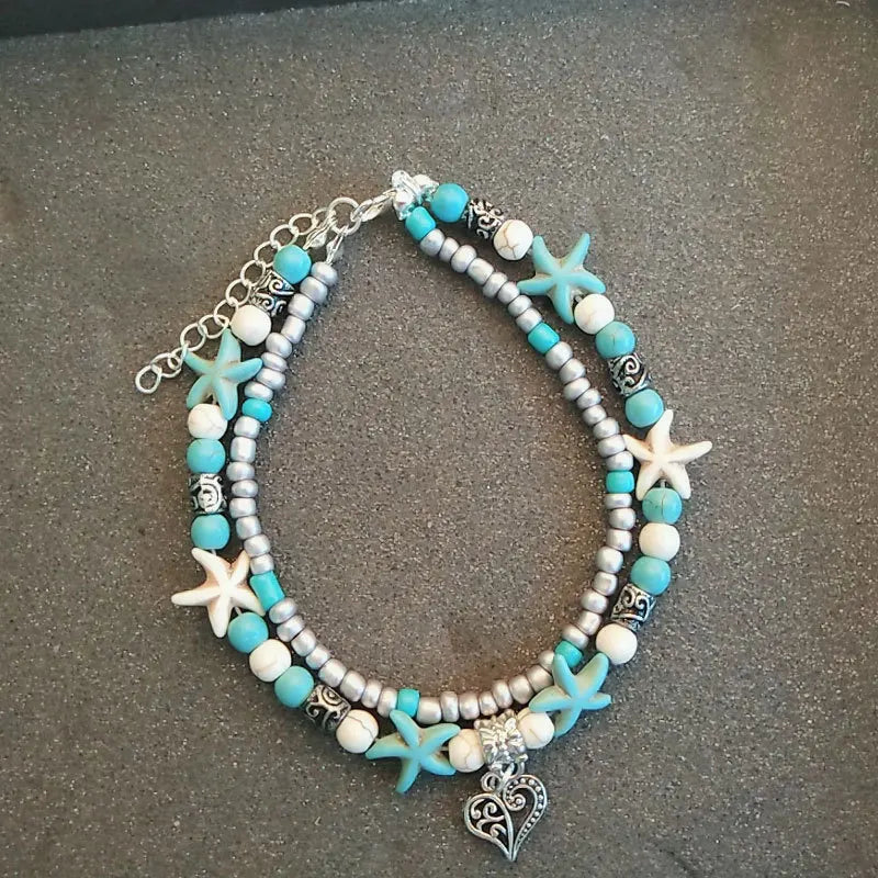 Doppel Fußkettchen Conch Starfish Sand Schildkröte Anhänger Fuß Ketten Türkis Stein Perlen Charme Strand Sommer Armband Knöchel Schmuck