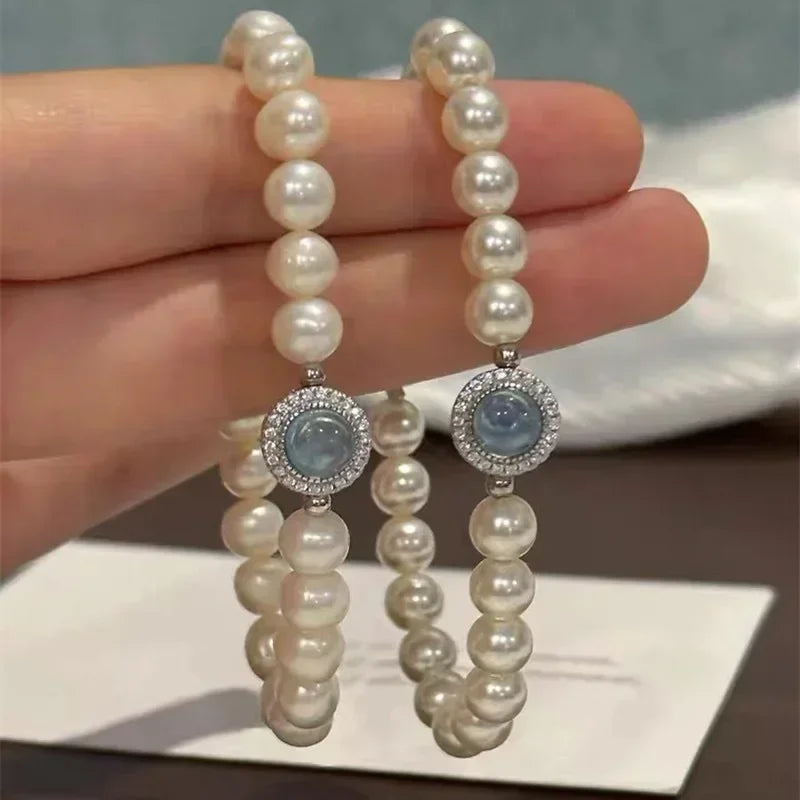 925 Sterling Silber Blau Zirkon Perle Armband Frauen Französisch Vintage Luxus Charme Armbänder Fashion Party Schmuck Urlaub Geschenke