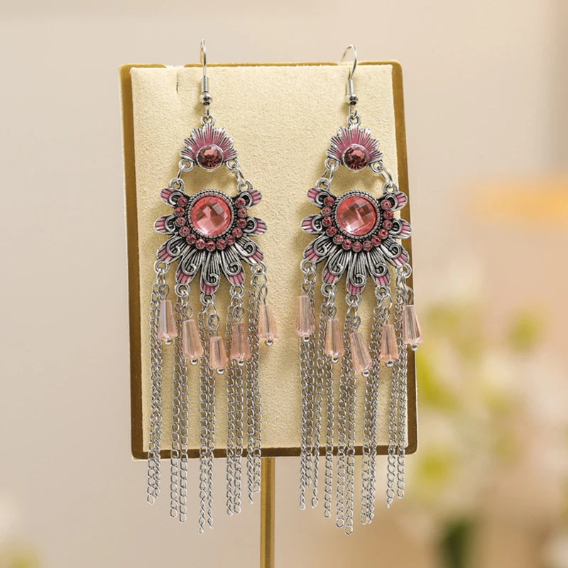 Vintage Ethnische Bunte Kristall Baumeln Ohrringe für Frauen Klassische Strand Kette Quaste Tropfen Ohrring Weibliche Pendiente Bijoux