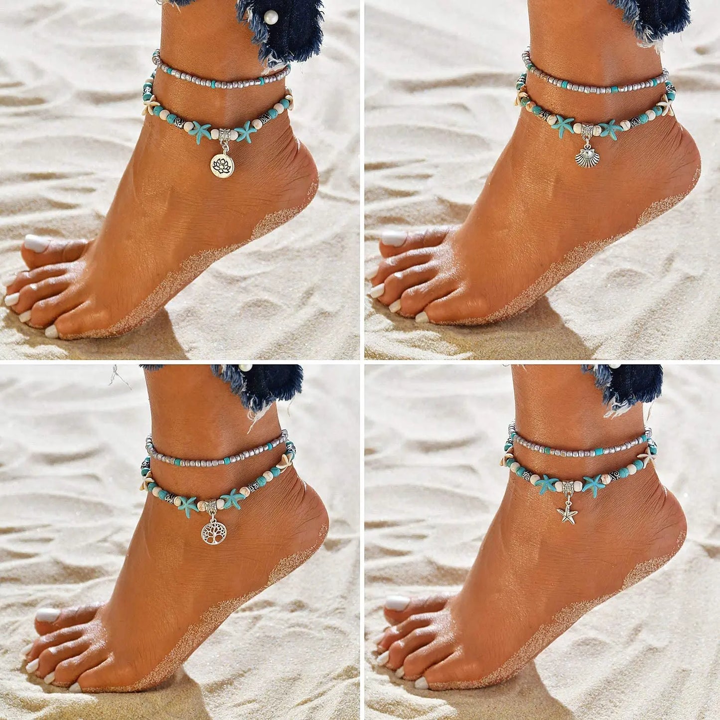Doppel Fußkettchen Conch Starfish Sand Schildkröte Anhänger Fuß Ketten Türkis Stein Perlen Charme Strand Sommer Armband Knöchel Schmuck