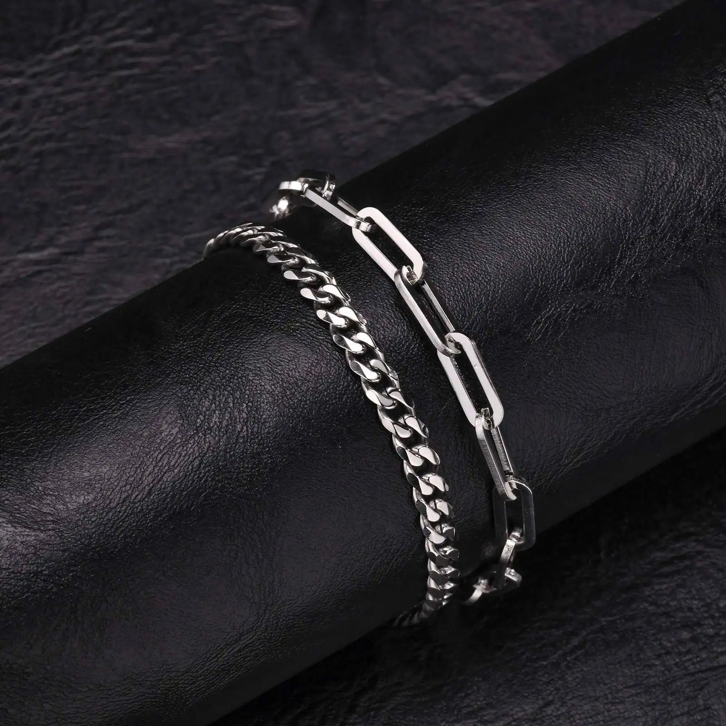 Stilvolle kubanische Kettenarmbänder für Herren, 2 Stück/Set Edelstahl gestapeltes rechteckiges Kettenarmband, Hip-Hop-Kausal-Schmuckgeschenk
