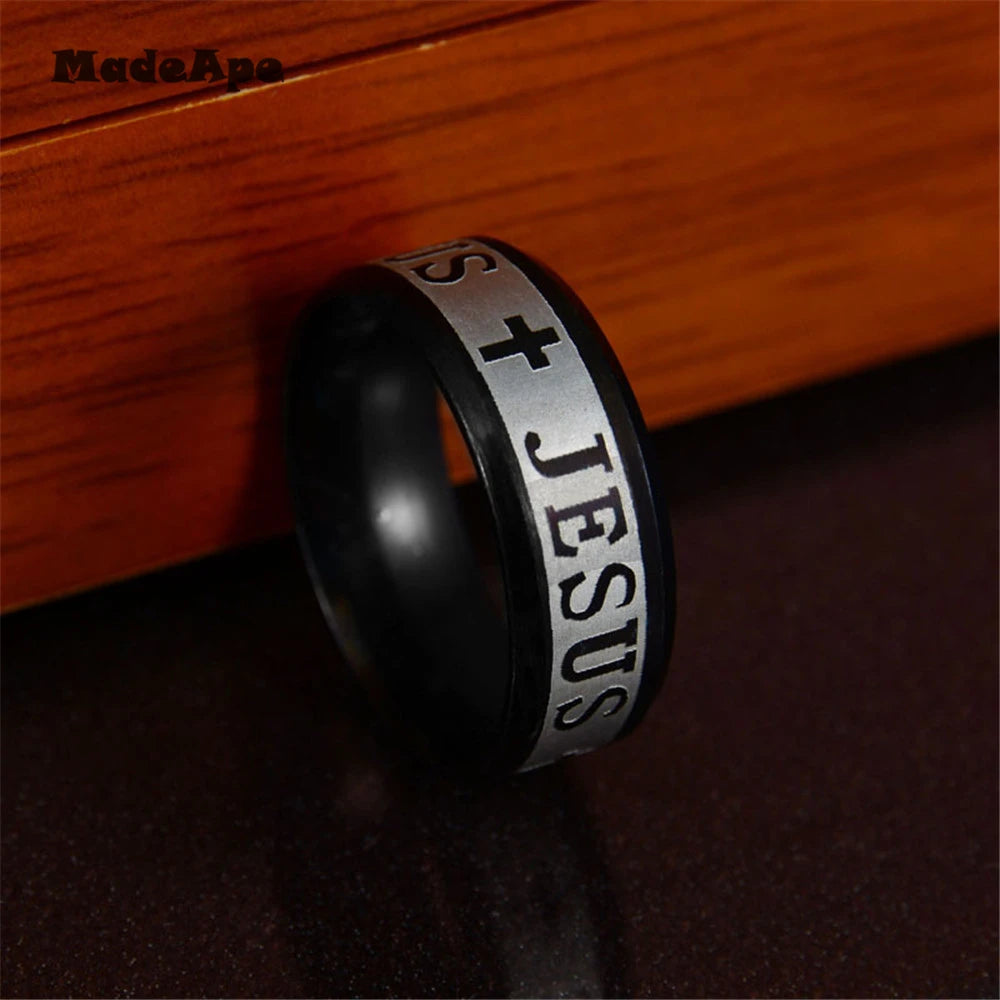 MadApe Klassischer Schmuck, 8 mm, Edelstahl, Buchstabe Bibelringe, Schwarz, Silber, Farbe, Roségold, Band, Jesus-Kreuz-Ring für Männer und Frauen