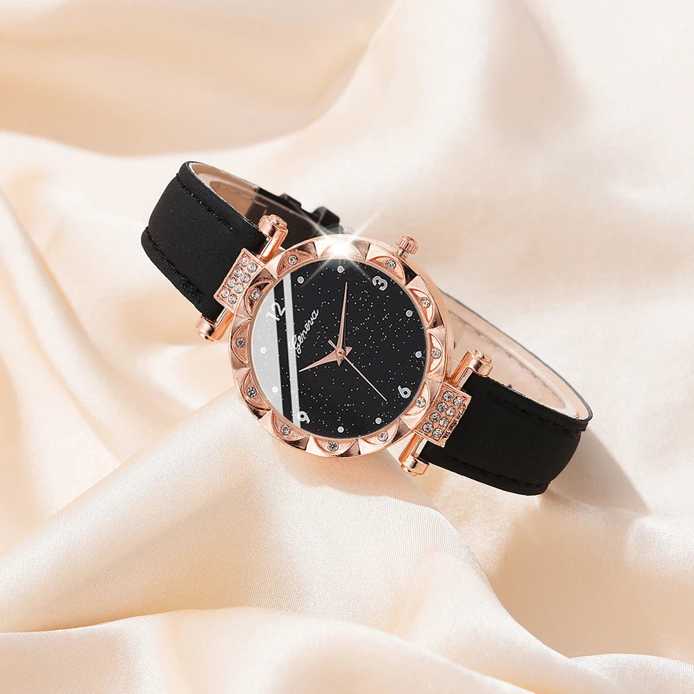 Damenuhren 5-teiliges Set Luxus Strass Damenmode Elegante Armbanduhr Quarzuhr für Mädchen Armbanduhr Armband Geschenk