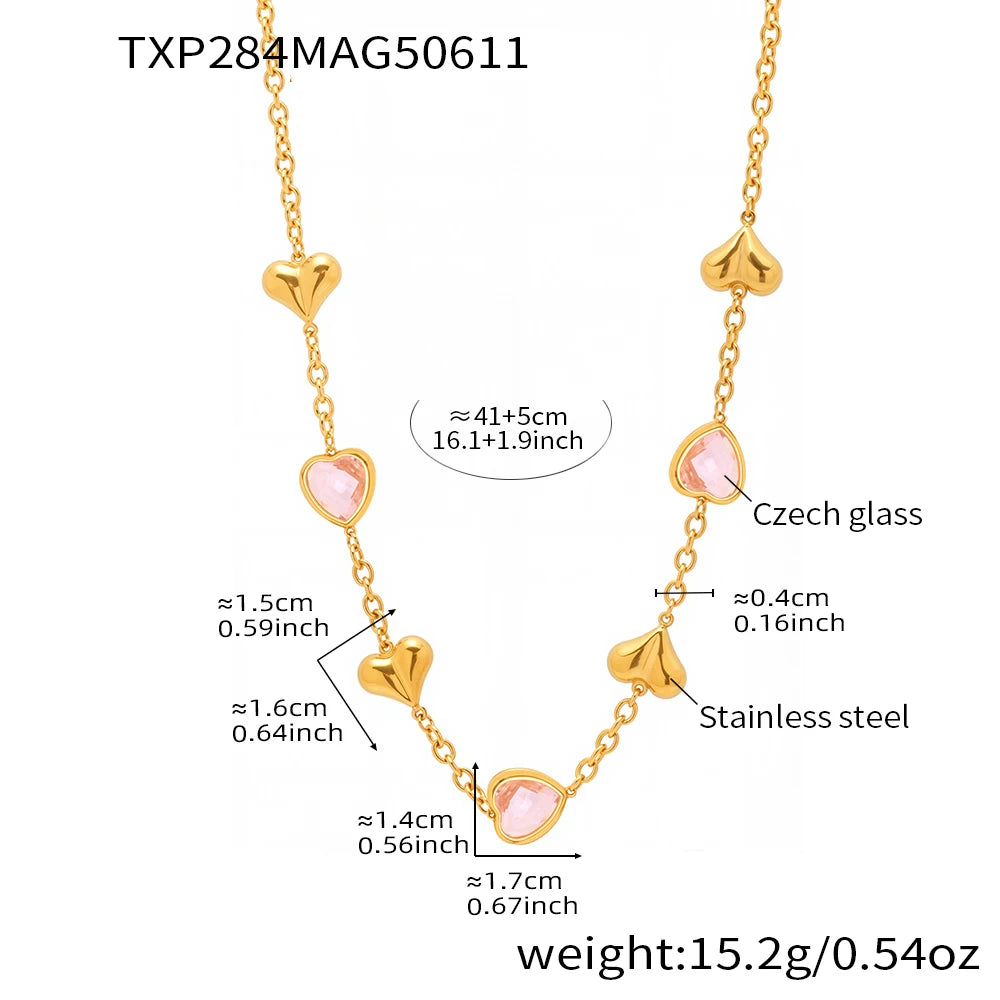 Edelstahl-Halskette, Armbänder, Ohrringe für Frauen, 6 Farben, Herz, facettierte tschechische Glas-Halsketten, Armband, baumelnde Ohrringe-Set
