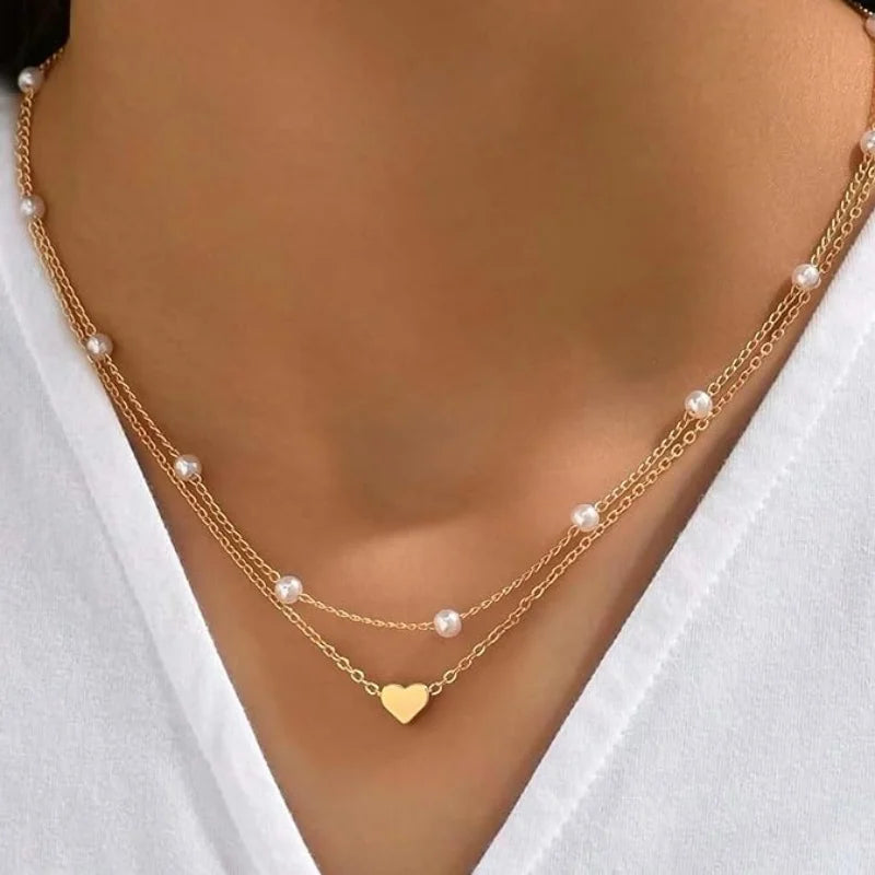 MEDFOLY 4-teiliges Charm-Armband und Halsketten-Set für Damen, 14 Karat vergoldet, Herz-Perlen-Anhänger, Halskette, Sommer, Strand, Schmuck, Geschenke