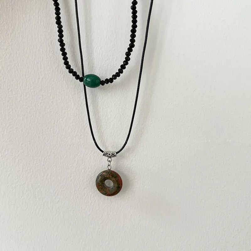 2-teiliges Halsketten-Set mit Vintage-Friedenschnalle-Anhänger, Naturstein-Perlen, Ketten, Halsband-Halsketten-Set für Damen und Herren, chinesischer Stil, Schmuck