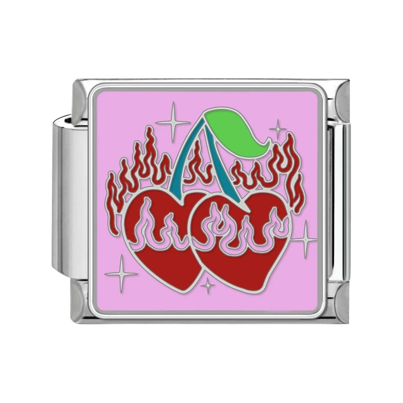 Niedliche Schleife, Knoten, Herz, Kirsche, süß, rosa, rot, italienische Charm-Verbindungen, passend für 9 mm Armbänder, Edelstahl, Damenschmuck, DIY-Herstellung von Geschenken