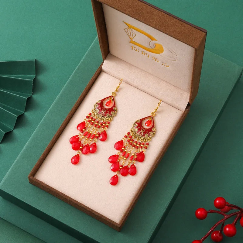 Böhmische lange Acryl-Wassertropfen-Quasten-Ohrringe für Frauen, ethnische mehrfarbige Perlen, Tropfenöl, handgefertigte baumelnde Ohrringe, Boho-Schmuck