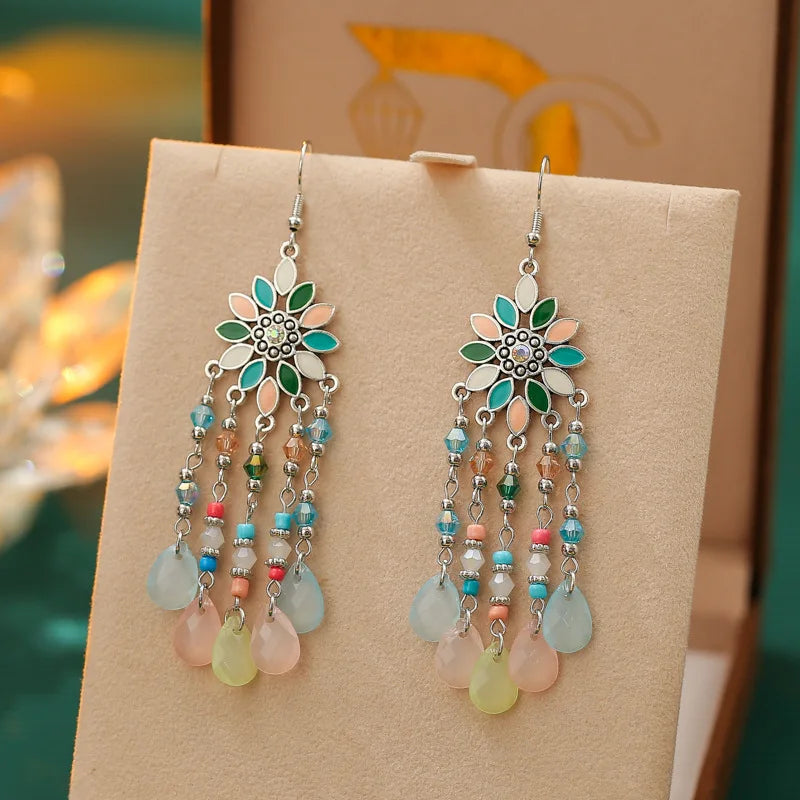 Neue Mode Böhmischen Vintage Blume Tropfen Baumeln Ohrringe Für Frauen Emaille Kristall Geometrische Schmuck Perlen Handgemachte Quaste Ohrringe