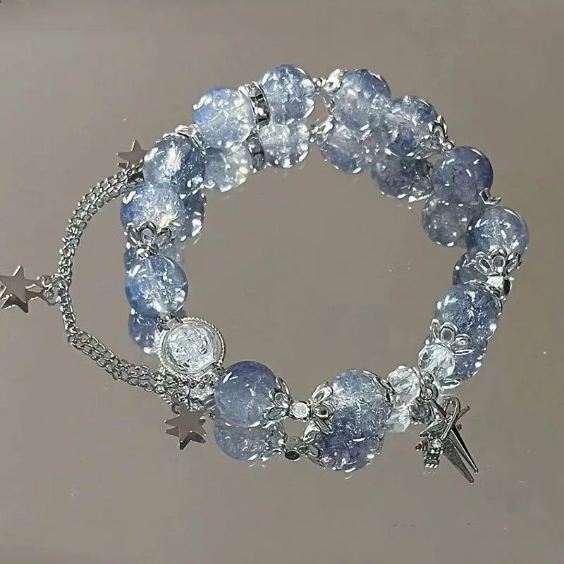 Niche Design Sternkette Quaste Armband für Frauen Fantasy Blaue Kristallperlen Elastisches Seil Armband Schmuck