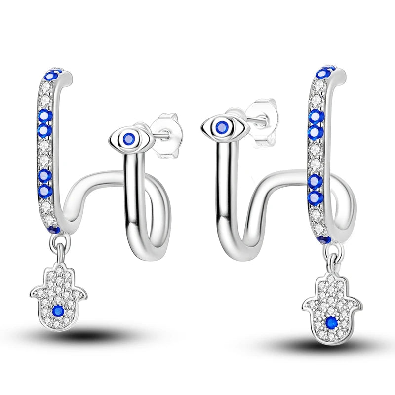 Original 925 Sterling Silber Hand von Fatima Blue Eye of Evil Creolen Kreuz Eardrop Ohrringe für Frauen Geschenk
