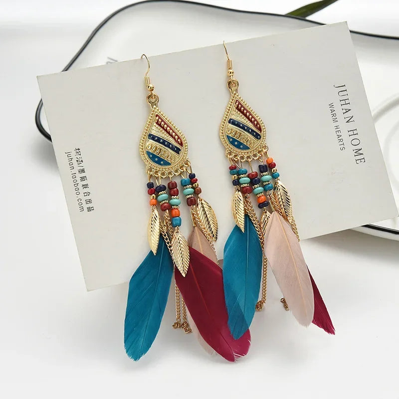 Bohemian Bunte Feder Quaste Ohrringe Für Frauen Ethnische Perlen Tropfen Aussage Hängende Ohrringe Mädchen Mode Schmuck Geschenk