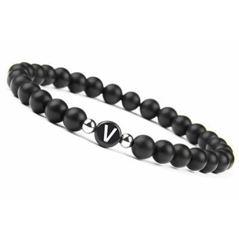 6 mm 26 Buchstaben-Armband, Unisex, schwarzer mattierter Stein, Perlen-Armreif, handgefertigt, DIY-Armband für Frauen, Männer, Paare, Freundschaftsgeschenke