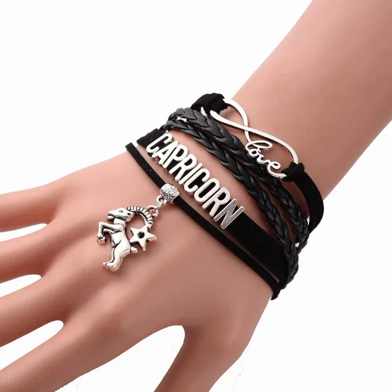 12-Sternbild-Sternzeichen, schwarzes geflochtenes Lederarmband, Krebs, Löwe, Jungfrau, Waage, gewebter Schmuck, Punk-Männer-Anhänger-Armband