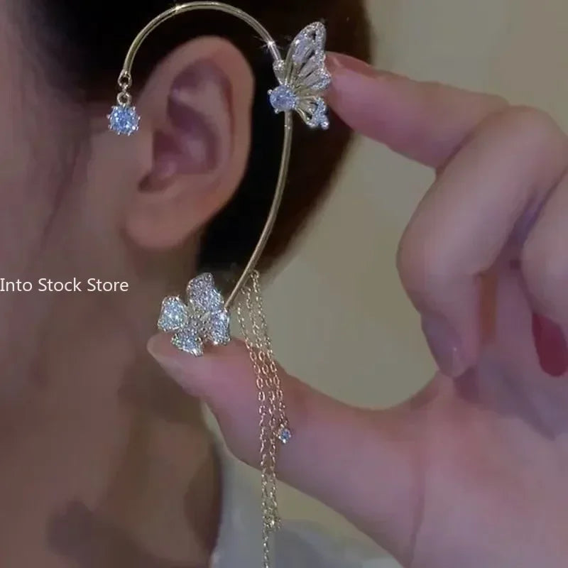 Glänzende Zirkon Schmetterling Ohr Manschette Gold Farbe Quaste Clip auf Ohrringe für Frauen Korea Stil Kupfer Ohrring Ohne Piercing Schmuck